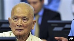 Nuon Chea, former deputy secretary of the Communist Party of Kampuchea, looks on during a joint hearing with other top Khmer Rouge leaders, Khieu Samphan, former head of state, and Ieng Thirith, former social affairs minister, at the court hall of the U.N