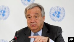 FILE - U.N. Secretary-General Antonio Guterres speaks during a press conference in Nairobi, Kenya, March 8, 2017. Sexual exploitation and abuse have left a black mark on the U.N.'s far-flung peacekeeping operations, and problems persist despite U.N. vows to combat the scourge.