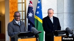 FILE - Solomon Islands Prime Minister Jeremiah Manele speaks as he meets with Australia's Prime Minister Anthony Albanese in Australia's national parliament, on his first visit to Australia since winning a national election, in Canberra, Australia, June 26, 2024.