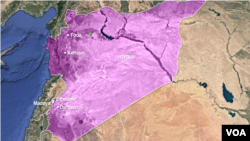 시리아 봉쇄 지역 4곳의 주민 소개작전이 합의를 이루었다. 시리아 정부 군이 장악하고 있는 수도 다마스쿠스 인근 자바디니와 마다야 마을 2곳(왼쪽 하단)과, 반군이 장악 중인 서북부 푸아와 카프라야 마을(왼쪽 상단).