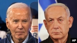 FILE—This combination photo shows President Joe Biden, left, on March 8, 2024, in Wallingford, Pa., and Israeli Prime Minister Benjamin Netanyahu in Tel Aviv, Israel, October 28, 2023.