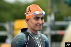 FILE - Pragnya Mohan, of India, competes in the women's individual triathlon at the Commonwealth Games in Birmingham, England, July 29, 2022.