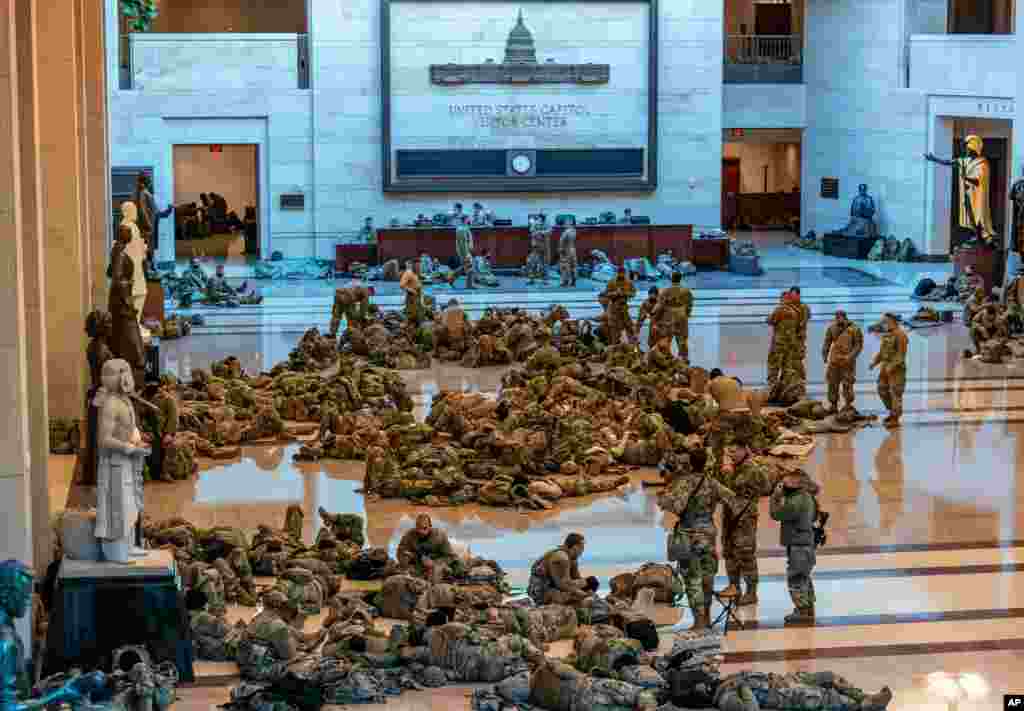 Hundreds of National Guard troops are seen inside the Capitol Visitor's Center at the Capitol in Washington, D.C.