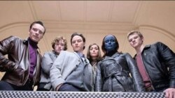 Erik (Michael Fassbender), Banshee (Caleb Landry Jones), Charles (James McAvoy), Moira (Rose Byrne), Raven (Jennifer Lawrence), and Havok (Lucas Till) from "X-Men: First Class"
