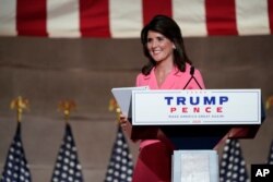 Former U.N. Ambassador Nikki Haley leaves after speaking during the Republican National Convention from the Andrew W. Mellon Auditorium in Washington, Aug. 24, 2020.