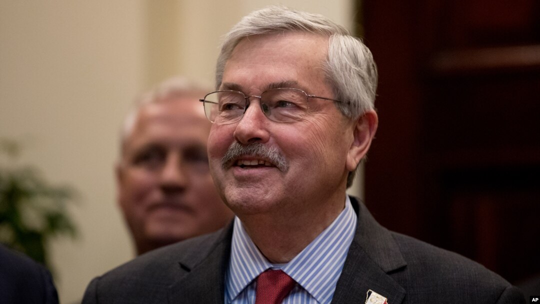 FILE - Iowa Governor Terry Branstad, President Donald Trump's pick for ambassador to China, attends an event in the Roosevelt Room at the White House in Washington, April 26, 2017. 
