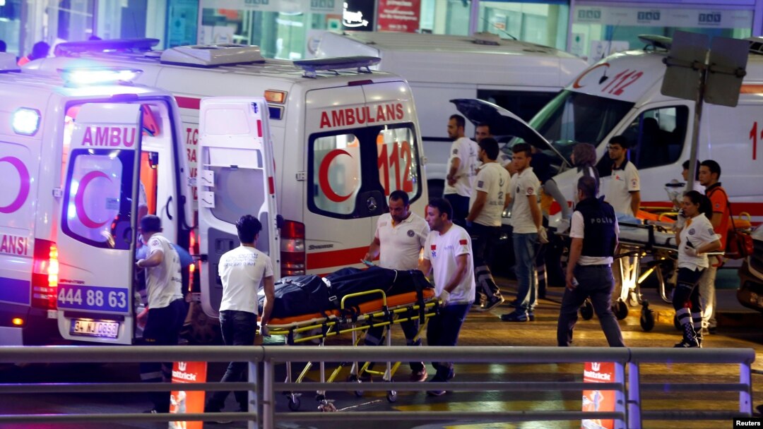 Ambulances arrive at Istanbul Ataturk Airport, Turkey, following explosions, June 28, 2016. 