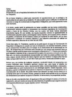 Carta de renuncia de Iván Simonovis, con fecha del 17 de mayo de 2021.