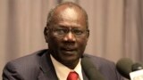 FILE - South Sudan's Information Minister Michael Makuei Leuth, spokesperson of the South Sudanese government, addresses a news conference during South Sudan's negotiation talks in Ethiopia's capital Addis Ababa, Jan. 5, 2014.