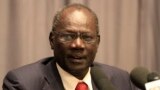  FILE- South Sudan's Information Minister Michael Makuei Leuth, spokesperson of the South Sudanese government, addresses a news conference during South Sudan's negotiation talks in Ethiopia's capital Addis Ababa, Jan. 5, 2014.