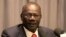  FILE- South Sudan's Information Minister Michael Makuei Leuth, spokesperson of the South Sudanese government, addresses a news conference during South Sudan's negotiation talks in Ethiopia's capital Addis Ababa, Jan. 5, 2014.