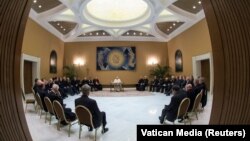 Pope Francis meets Chilean bishops at the Vatican, May 15, 2018. 