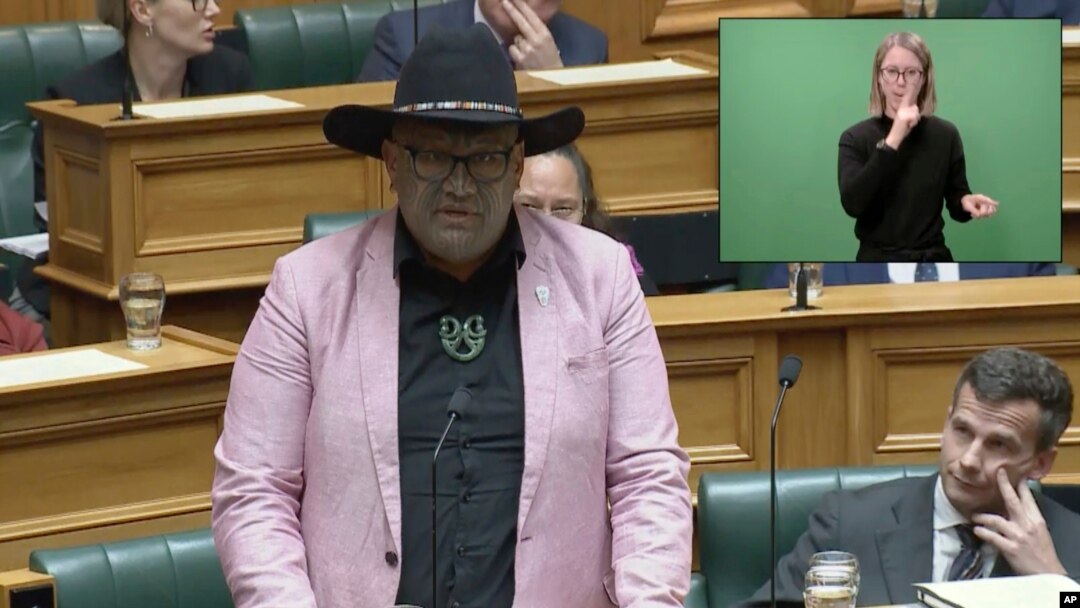 In this image from video, Indigenous New Zealand lawmaker Rawiri Waititi speaks in Parliament in Wellington, New Zealand, May 12, 2021.