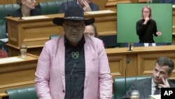 In this image from video, Indigenous New Zealand lawmaker Rawiri Waititi speaks in Parliament in Wellington, New Zealand, May 12, 2021. 