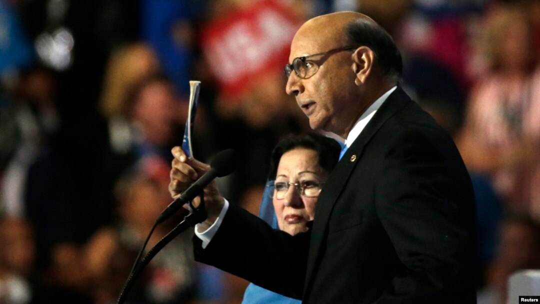 Khizr Khan, whose son, U.S. Army Capt. Humayun Khan, died in a 2004 car bombing in Iraq, challenges Republican presidential nominee Donald Trump's knowledge of the U.S. Constitution at the Democratic National Convention in Philadelphia, 