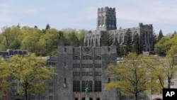 FILE - This May 2, 2019 file photo shows a view of the United States Military Academy at West Point, N.Y. West Point officials say one cadet was killed and over a dozen people were injured Thursday, June 6 when a vehicle they were riding in for summer…