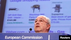 European Union Competition Commissioner Joaquin Almunia speaks during a news conference at the EU Commission headquarters in Brussels, Feb. 5, 2014. 