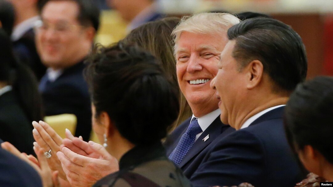 U.S. President Donald Trump and China's President Xi Jinping attend a state dinner at the Great Hall of the People in Beijing, China, Nov. 9, 2017. 