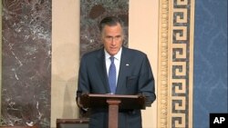 In this image from video, Sen. Mitt Romney, R-Utah, speaks on the Senate floor about the impeachment trial against President Donald Trump at the U.S. Capitol in Washington, Feb. 5, 2020. (Credit: Senate Television)
