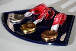 A medal tray that will be used during the Tokyo 2020 Paralympic Games is displayed during an unveiling event for the Tokyo 2020 Olympic and Paralympic Games at the Ariake Arena, in Tokyo, June 3, 2021.