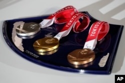 A medal tray that will be used during the Tokyo 2020 Paralympic Games is displayed during an unveiling event for the Tokyo 2020 Olympic and Paralympic Games at the Ariake Arena, in Tokyo, June 3, 2021.