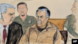 In this courtroom sketch, Ismael Zambada Garcia, known as "El Mayo," center, is seated beside his defense attorney Frank Perez, left, in federal court, in the Brooklyn borough of New York, Sept. 13, 2024. (Elizabeth Williams via AP)