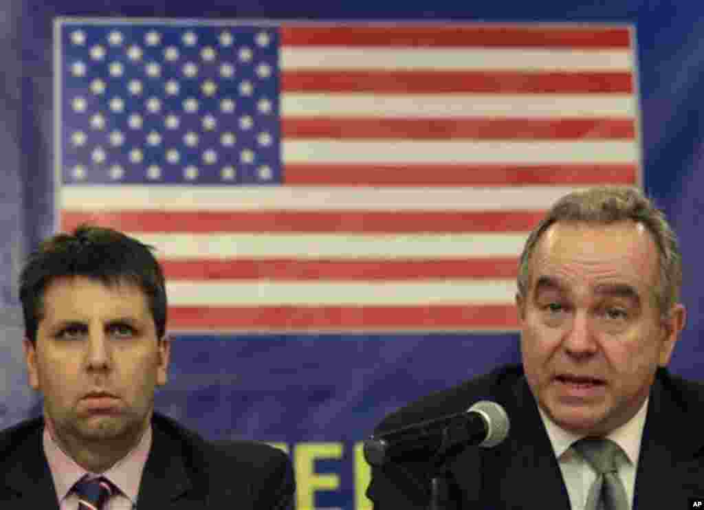 U.S. Assistant Secretary of State for East Asian and Pacific Affairs Kurt Campbell, right, answers questions about North Korea&#39;s missile launch besides U.S. Assistant Secretary of Defense Mark Lippert during the 3rd Philippines-United States Bilateral Strategic Dialogue in Manila, Philippines on Wednesday Dec. 12, 2012. 