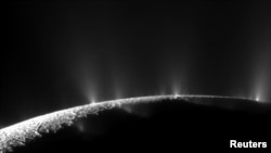 The icy crust at the south pole of Saturn's moon Enceladus, composed as a mosaic from images captured in 2009 by NASA's Cassini spacecraft, with geysers spraying plumes of ice crystals into space from the moon's inner ocean, which has been found to contain high concentrations of phosphorus. (NASA/JPL-Caltech/Space Science Institute/Handout via REUTERS)