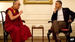 President Barack Obama meets with His Holiness the Dalai Lama in the Map Room of the White House, Saturday, July 16, 2011.