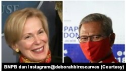 Koordinator Gugus Tugas Penanganan Virus Corona AS Dr. Deborah Birx dan Juru Bicara Satgas Penanganan Covid-19 dr. Achmad Yurianto dalam kolase. (Foto: Courtesy/BNPB dan Instagram@deborahbirxscarves)