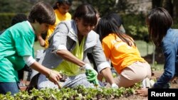 Michelle Obama invitó a un grupo de niños de distintas escuelas del área, además de a varios veteranos de guerra para que le ayudaran con la siembra.