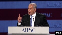 PM Israel Benjamin Netanyahu berbicara dalam forum American Israel Public Affairs Committee (AIPAC) di Washington (23/5).