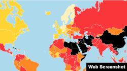 无国界记者组织公布的2020年世界新闻自由状况示意图。