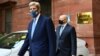 US climate envoy John Kerry (left) leaves the Ministry of Finance after a meeting with Indian Finance Minister Nirmala Sitharaman in New Delhi on April 6, 2021.