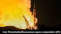 The Soyuz-2.1 rocket booster with Soyuz MS-26 space ship blasts off in the Russian-leased Baikonur cosmodrome, Kazakhstan, Sept. 11, 2024. (Ivan Timoshenko, Roscosmos space corporation, via AP)