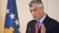 FILE - Kosovo President Hashim Thaci reacts during a press conference in capital Pristina, Kosovo, March 8, 2017. 