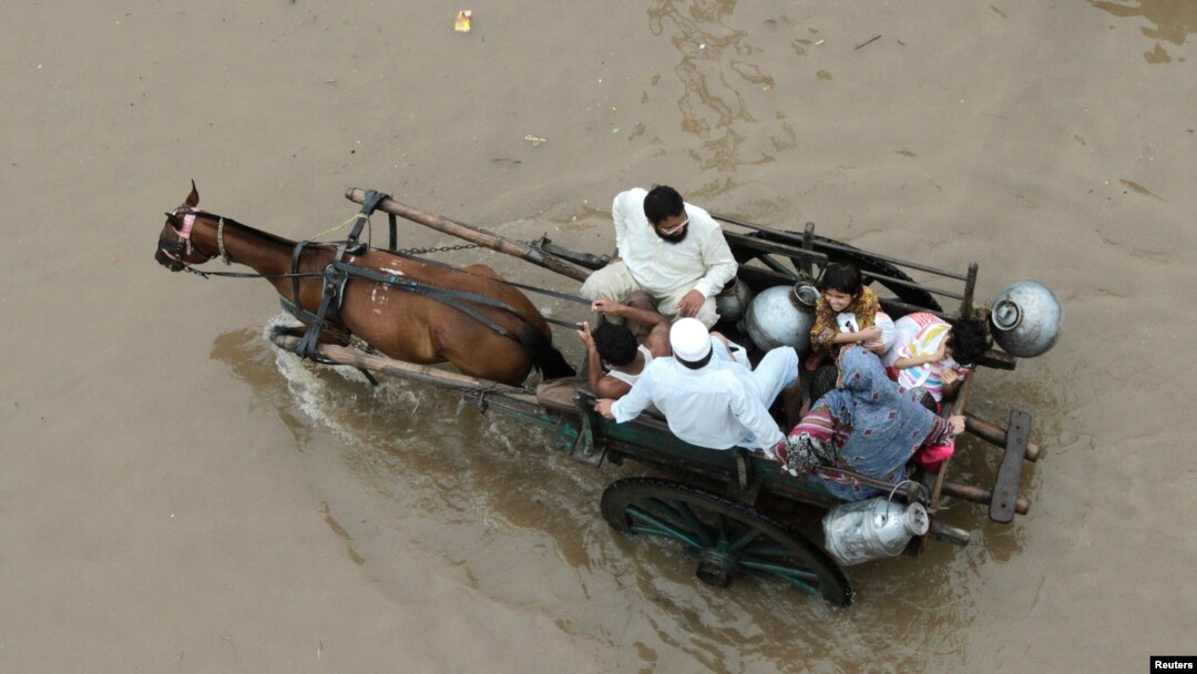 Keluarga Pakistan naik gerobak yang ditarik kuda untuk mengarungi banjir di Lahore (4/9).