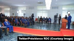 Président Félix Tshisekedi azali koloba liboso ya corps diplomatique ezwami na RDC, citéde l'UA, Kinshasa, RDC, 15 février 2019. (Twitter/Présidence RDC)