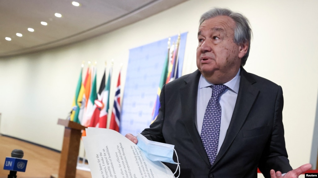 联合国秘书长古特雷斯2月1日在纽约联合国总部对记者说话 （路透社）(photo:VOA)