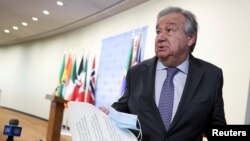 联合国秘书长古特雷斯2月1日在纽约联合国总部对记者说话 （路透社）