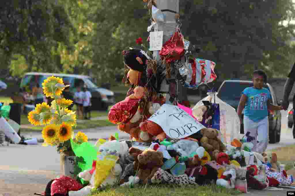 Decenas de rosas, fotos, globos y recuerdos de todo tipo adornan la calle Canfield Dr. en donde murió el joven Michael Brown. [Foto: Gesell Tobias, VOA]