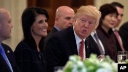 Tổng thống Donald Trump ngồi cạnh Đại sứ Mỹ tại LHQ Nikki Haley trong bửa ăn trưa với đại sứ các nước trong Hội đồng Bản an LHQ, ngày 24/4/2017.