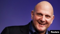 FILE - former Microsoft CEO Steve Ballmer speaks at the launch event of Windows 8 operating system in New York.