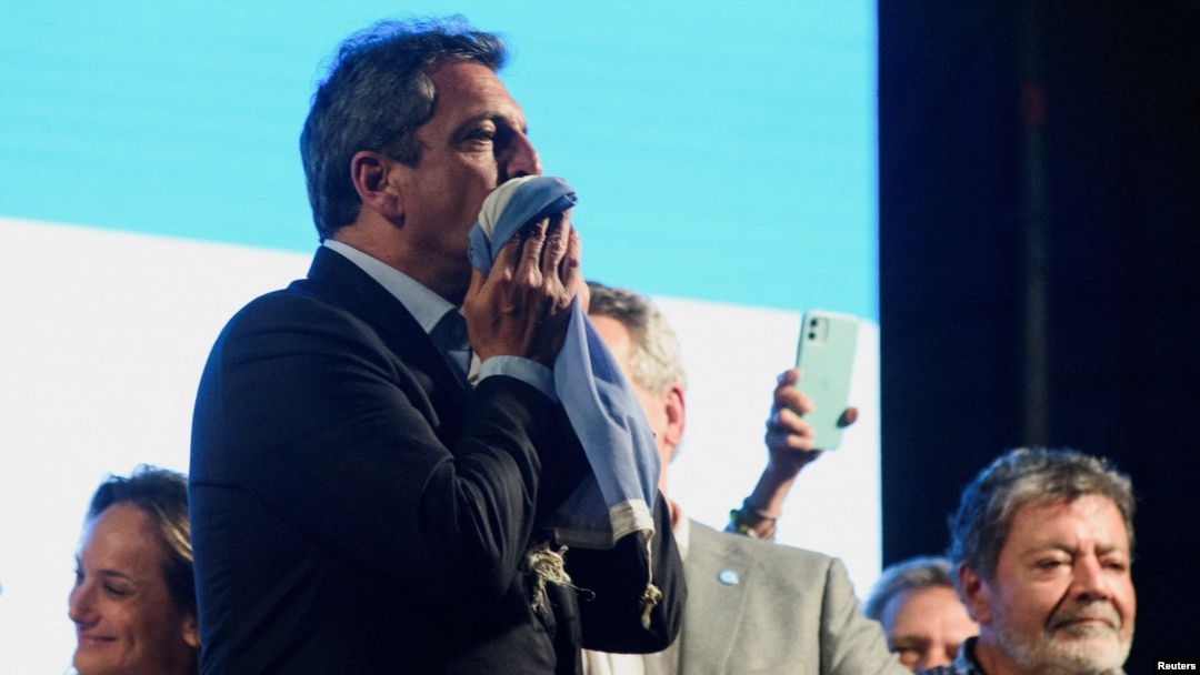 Argentina's presidential candidate Sergio Massa reacts to the results of the presidential election, in Buenos Aires, Argentina Oct. 22, 2023. 