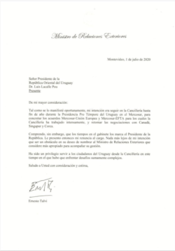 Imagen de la carta presentada por Ernesto Talvi, donde renuncia al cargo como canciller de Uruguay.