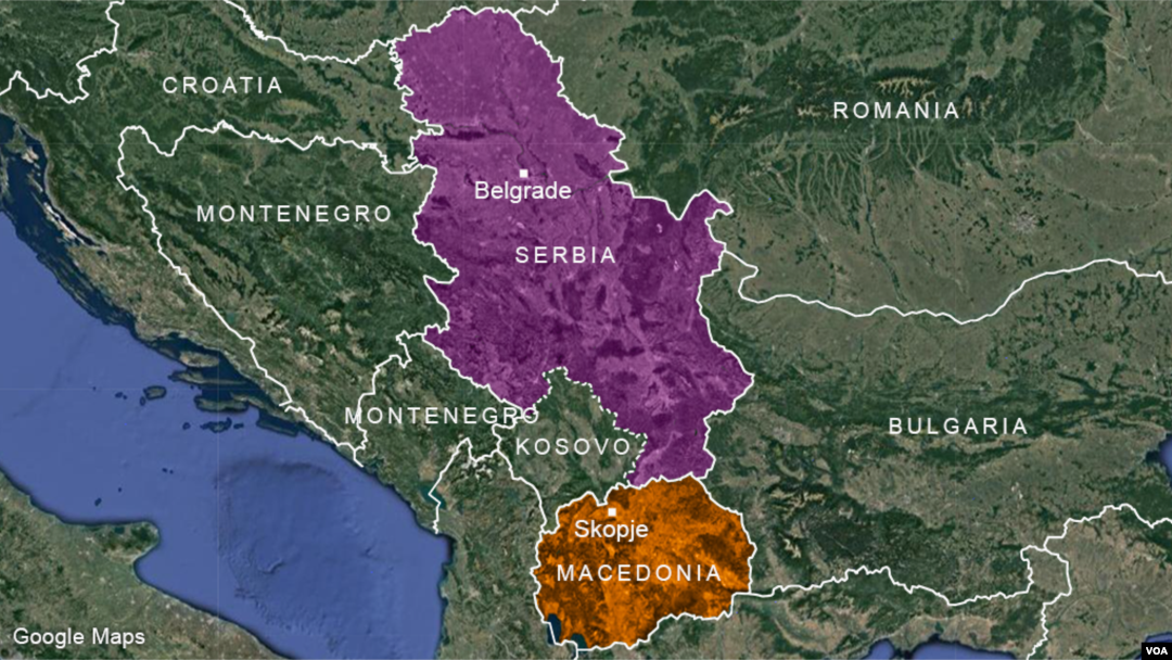 Peta wilayah Serbia, Romania dan Macedonia. (T. Benson for VOA)