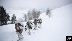 Група морських піхотинців США йде по засніженому шляху під час навчання за умов холодної погоди у Центрі підготовки військ морської піхоти, 10 лютого 2019 року, Бріджпорт, штат Каліфорнія.