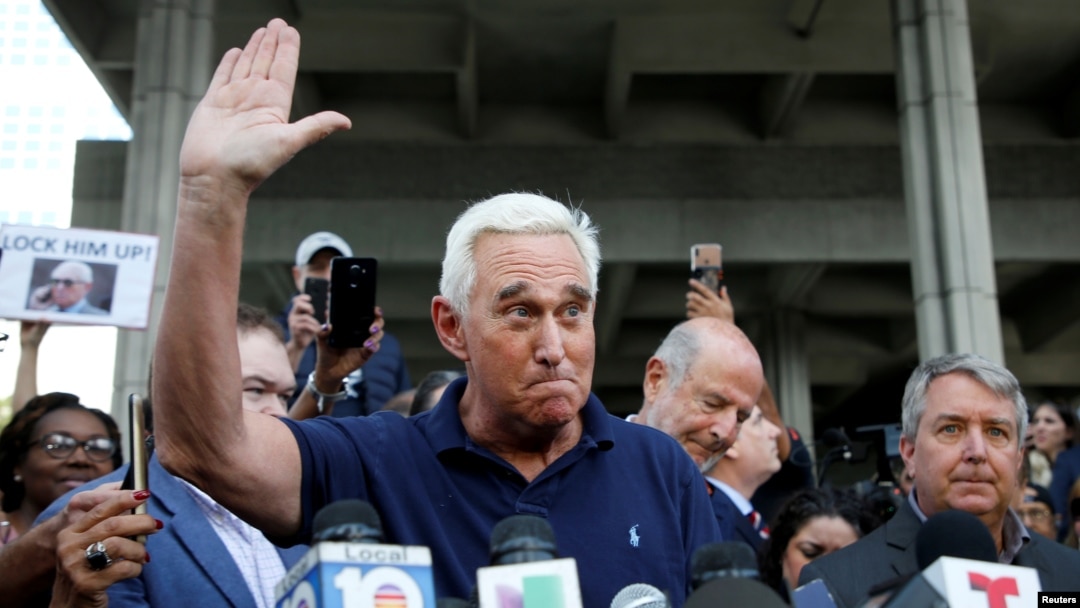 Roger Stone speaks after his appearance at Federal Court in Fort Lauderdale, Fla., Jan. 25, 2019.