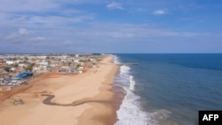 FILE —This aerial view shows the coastline of a beach east of Cotonou on October 23, 2023.