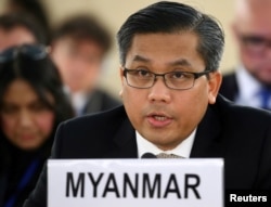 FILE - Myanmar's United Nations Ambassador Kyaw Moe Tun addresses the U.N. Human Rights Council in Geneva, Switzerland, March 11, 2019.
